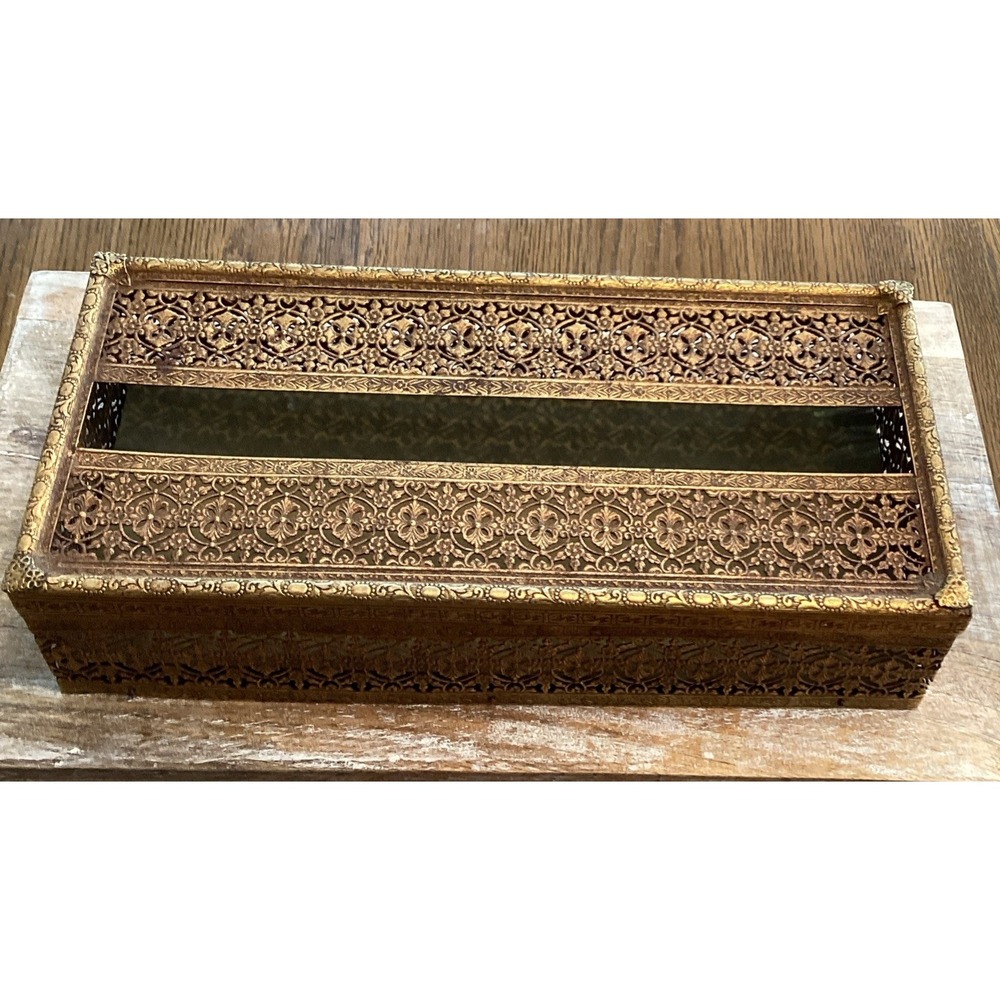 MCM Old Vintage Brass Tone Filigree Metal Vanity Tissue Box Cover Holder